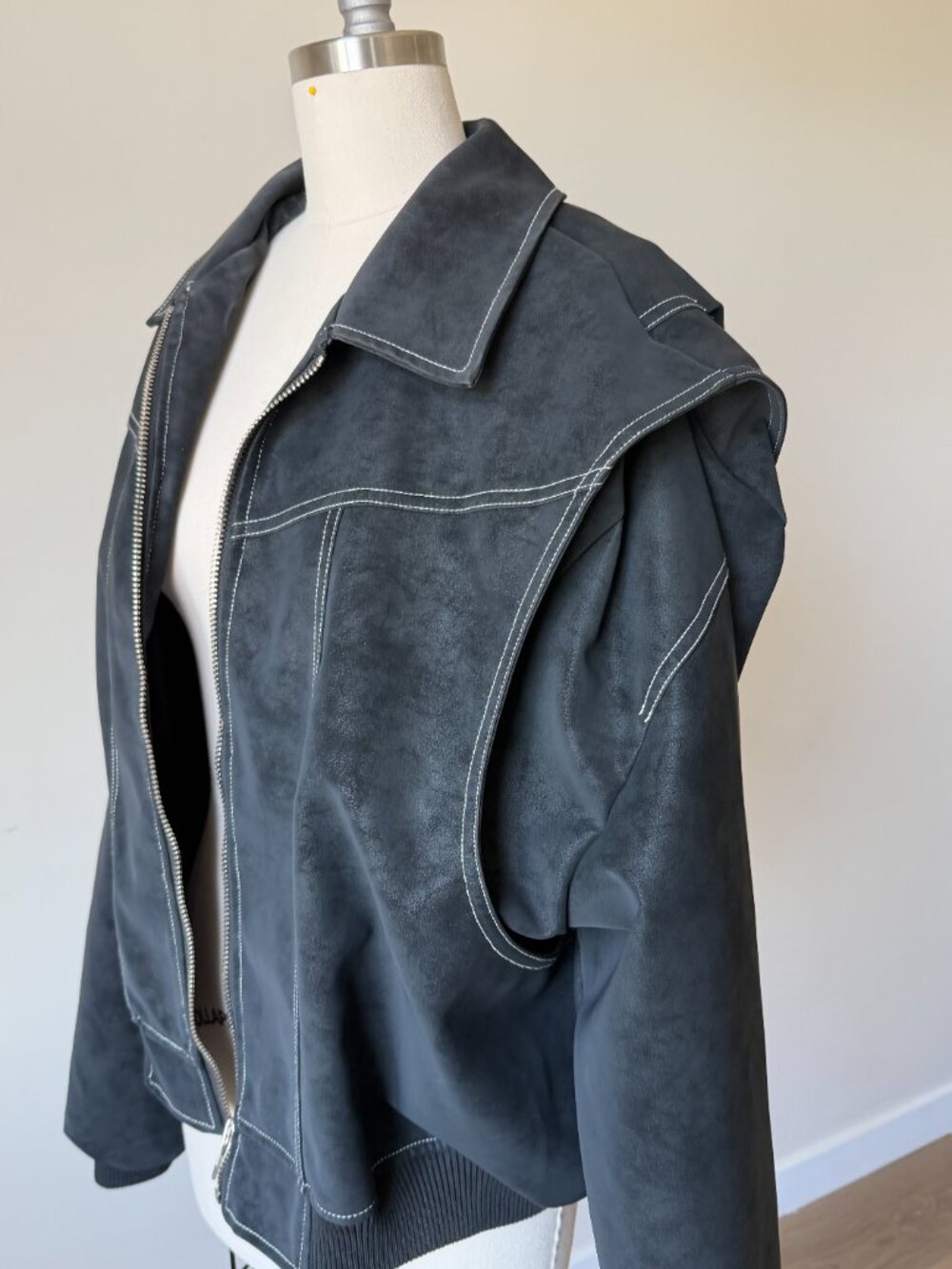Lioness Vista Bomber Jacket Medium | Black Faux Suede Moto | Contrast Stitch - Picture 6 of 7